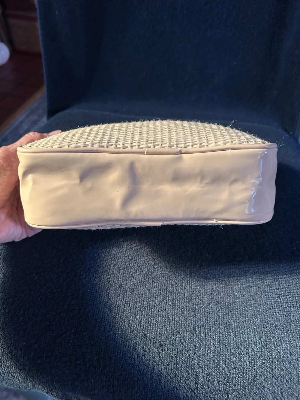 Versace Parfums Cream Woven Straw Cosmetic Bag with Rectangular Gold Logo Plaque